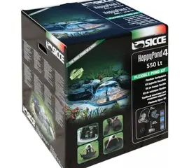 קופסה של ערכת SICCE Happy Pond 5 בצבע שחור עם הדמיות של בריכת נוי והאביזרים הכלולים בפנים.