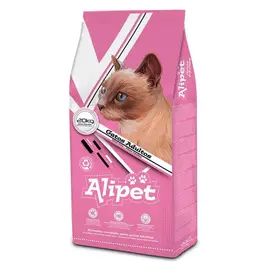 שק ורוד של Alipet Maxi בגודל 20 ק"ג, עם תמונת חתול סיאמי וסמלים תזונתיים – מראה מקצועי וברור.