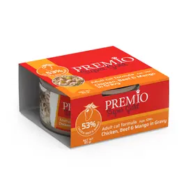 שימורי פרמיו סופר גולד לחתול עוף בקר ומנגו ברוטב 85 גרם