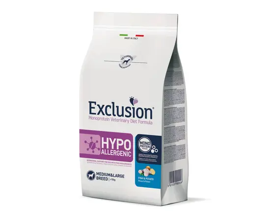 שקית מזון Exclusion Hypoallergenic בגודל 2 ק"ג – פורמולה מבוססת דגים ותפוחי אדמה לכלבים בינוניים וגדולים