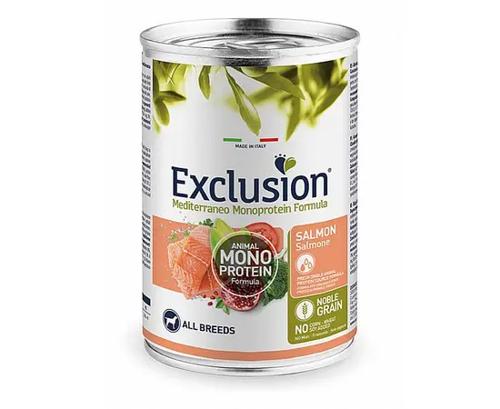 שימורי Exclusion סלמון לכלבים בוגרים – 400 גרם, חלבון יחיד ללא דגנים
