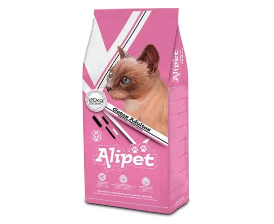 שק ורוד של Alipet Maxi בגודל 20 ק"ג, עם תמונת חתול סיאמי וסמלים תזונתיים – מראה מקצועי וברור.