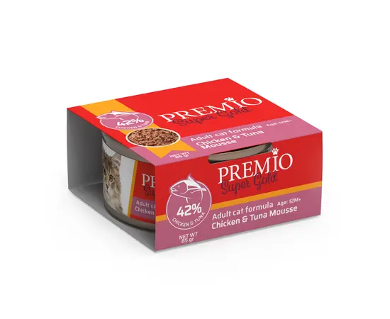 מעדן פרימיו סופר גולד פטה עוף וטונה 85 גרם לחתולים