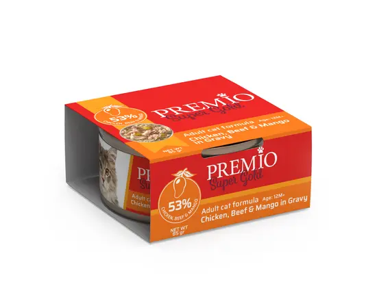 שימורי פרמיו סופר גולד לחתול עוף בקר ומנגו ברוטב 85 גרם