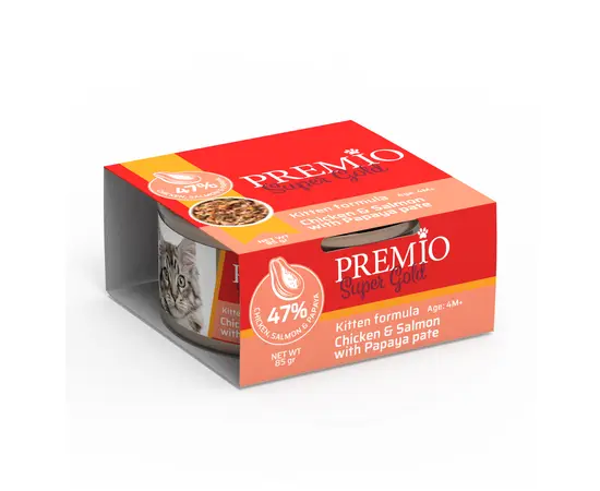 שימורי פרמיו סופר גולד קיטן פטה עוף סלמון ופאפאיה 85 גרם