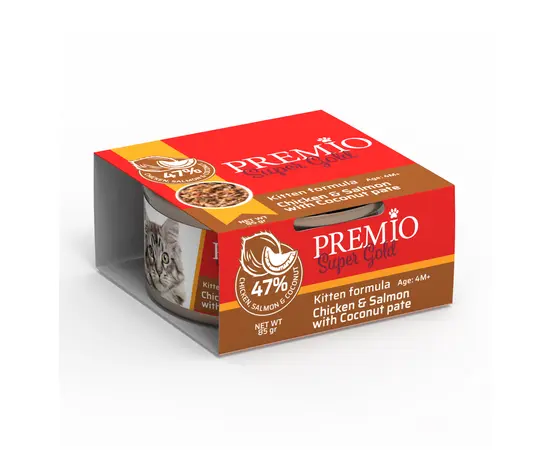 Консервы Premium Kitten Паштет из курицы и лосося с кокосом 85 грамм для влажного корма для котов