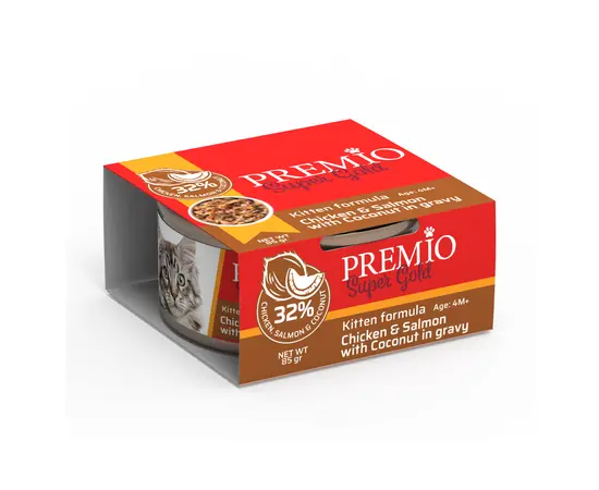 שימורי פרמיו גולד עוף, סלמון וקוקוס לחתולים 85 גרם