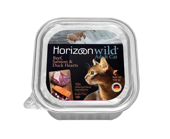 מעדן הורייזן לחתול: בקר, סלמון ויוקרה הברווז 100 גרם מעדן הורייזן לחתול: בקר, סלמון ויוקרה הברווז 100 גרם