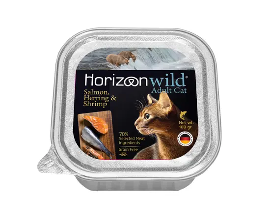 מעדן הורייזן סלמון, הרינג ושרימפס לחתולים 100 גרם מעדן הורייזן סלמון, הרינג ושרימפס לחתולים 100 גרם