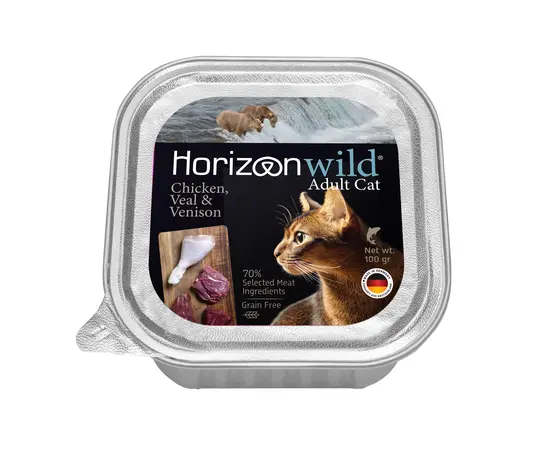 מעדן הוריזן לחתולים - עוף, עגל ואייל, 100 גרם מעדן הוריזן לחתולים - עוף, עגל ואייל, 100 גרם