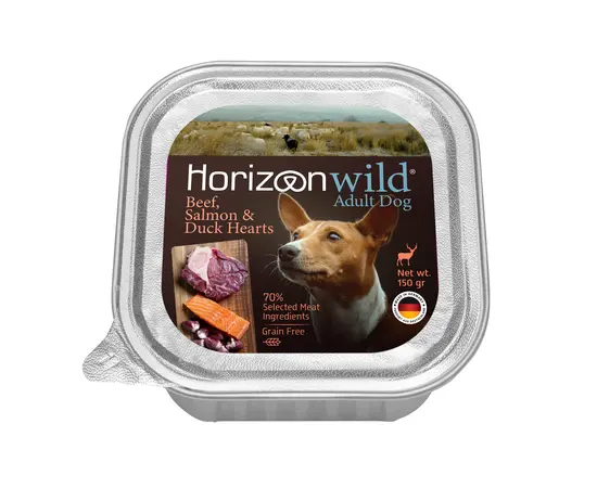 מעדן בשר הורייזן לכלבים 150 גרם - בקר, סלמון ולבבות ברווז מעדן בשר הורייזן לכלבים 150 גרם - בקר, סלמון ולבבות ברווז