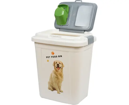 מיכל אחסון מזון לחיות מחמד 40 ליטר לבן-אפור + כף