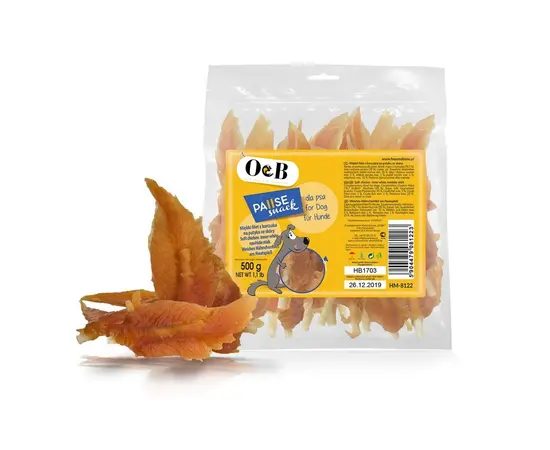 O&B חטיף עור פילה עוף רך 500 גרם - חטיפים אריזות חיסכון לכלב