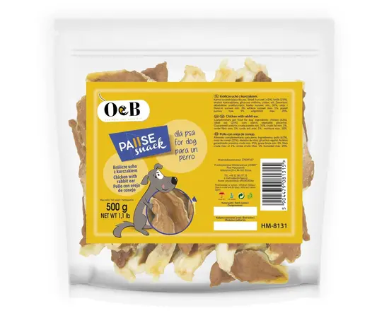 חטיף אוזני ארנב עם עוף 500 גרם O&B לכלבים - אריזת חסכון, 2 image